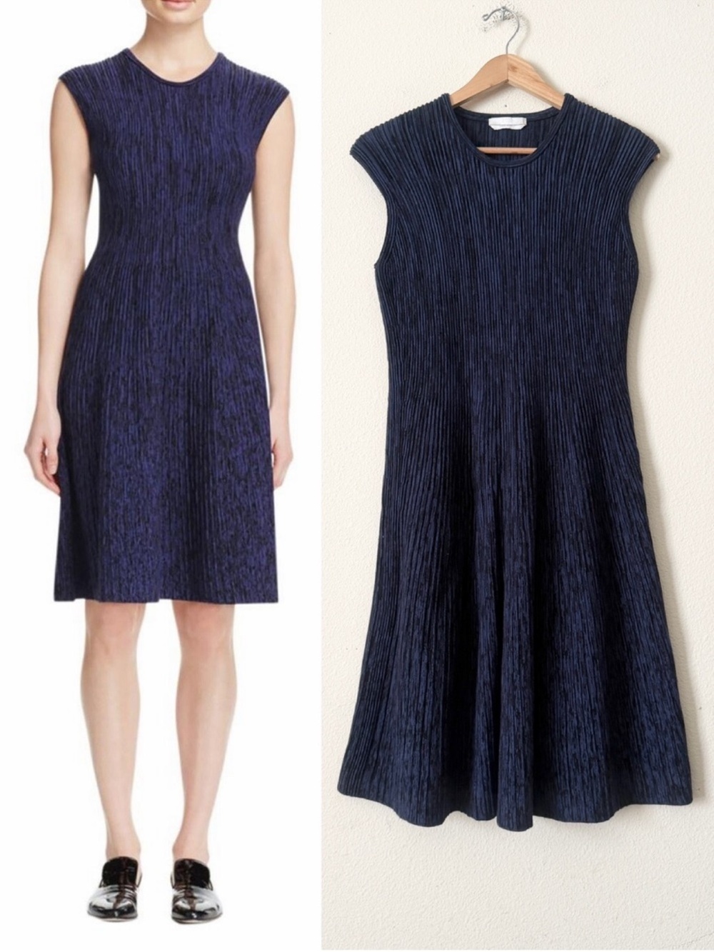 Hugo Boss Textured Navy Cap-Sleeve Midi Dress
